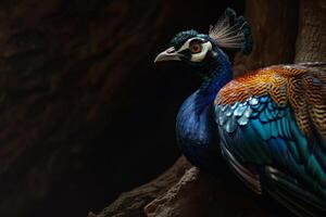 A peacock is sitting on a branch photo
