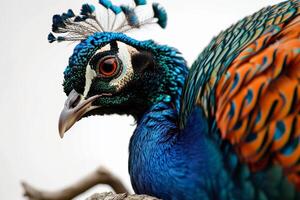A peacock with a colorful head and feathers photo
