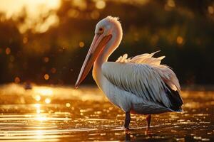 A pelican standing in the water at sunset photo