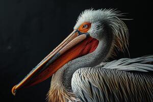 A close up of a pelican with a long beak photo