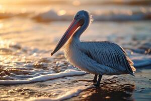 A pelican standing on the beach at sunset photo