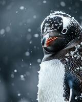 A penguin is standing in the snow photo