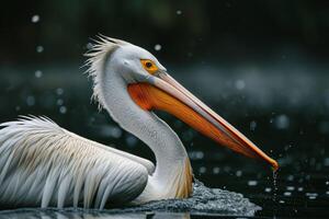 A white pelican with a long beak swimming in the water photo
