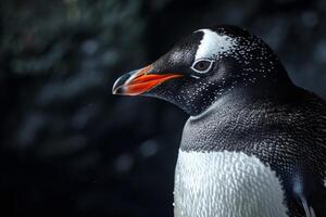 A close up of a penguin with an orange beak photo