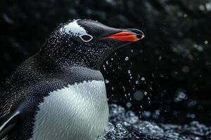 A penguin is standing in the water photo