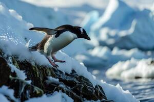 A penguin is standing on the edge of a cliff photo