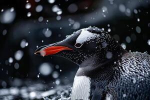 A penguin is standing in the rain with water droplets falling on it photo