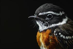 A close up of a bird with black, white and orange feathers photo