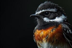 A small bird with a black head and orange and white feathers photo