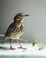 A small bird standing on a table with leaves photo