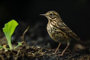 A small bird is standing on top of dirt photo
