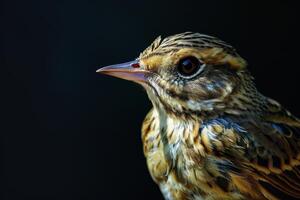 A close up of a bird with a black background photo