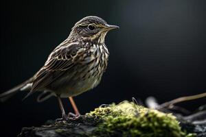 A small bird is standing on a moss covered branch photo