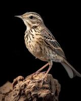 A small bird is standing on top of a piece of wood photo