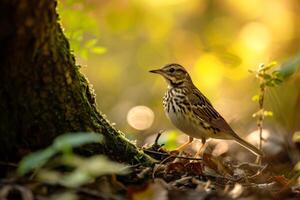 A bird is standing on the ground near a tree photo