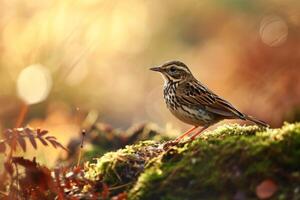 A small bird is standing on top of a moss covered hill photo