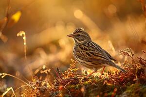 A small bird is standing on the ground in the sun photo