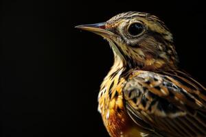 A close up of a bird with a black background photo