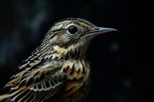 A close up of a bird with a black background photo