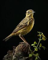 A yellow bird sitting on top of a tree stump photo