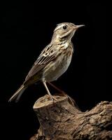 A small bird is standing on a piece of wood photo