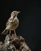 A small bird is standing on top of a tree trunk photo
