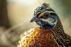 A close up of a pheasant with a brown and white head photo