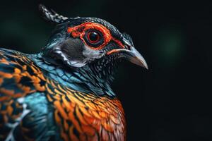 A close up of a pheasant with bright orange and black feathers photo