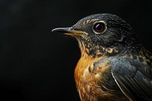 A close up of a bird with a black background photo