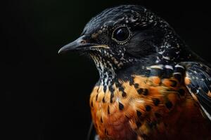 A close up of a bird with a black and orange head photo