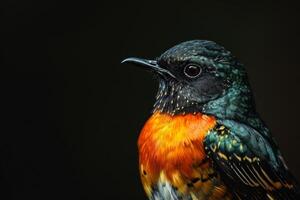 A colorful bird with black and orange feathers photo