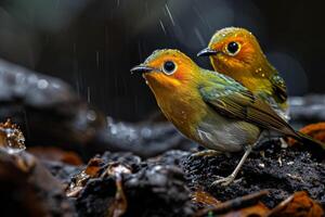 Two birds are standing in the rain photo