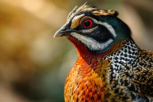 A close up of a pheasant with bright red eyes photo