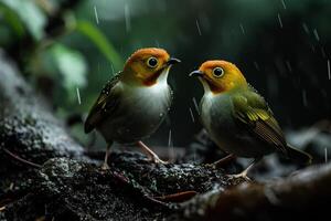 Two birds are standing in the rain photo