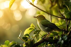 A yellow bird is perched on a branch in the sun photo