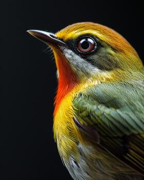 A close up of a bird with a red and yellow head photo