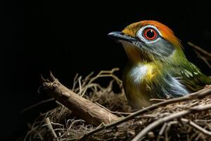 A bird with a red and orange head sitting in a nest photo
