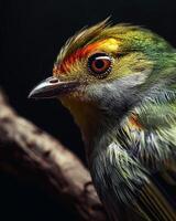 A close up of a bird with a red and yellow head photo