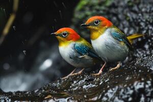 Two colorful birds sitting on a rock in the rain photo