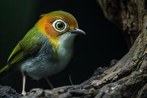 A small bird with big eyes sitting on a branch photo