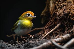 A small yellow and white bird standing on the ground photo