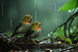 Two birds sitting on a branch in the rain photo