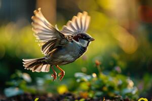 A bird flying over a field with some green plants photo
