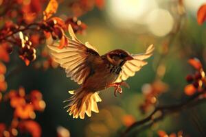 A bird flying over a tree branch with leaves photo