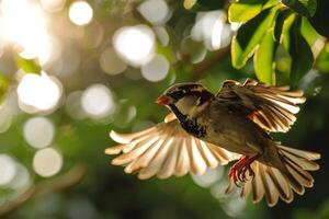 A bird flying through the air with its wings spread photo