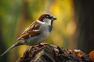 A bird is sitting on a log in the woods photo