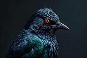 A close up of a black bird with orange eyes photo