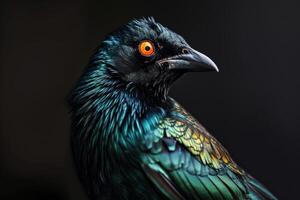 A close up of a bird with bright orange eyes photo