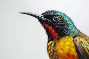 A colorful bird with a black beak and red, yellow and green feathers photo