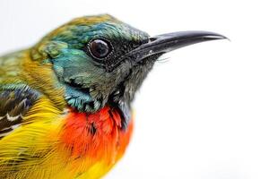 A close up of a colorful bird with a white background photo